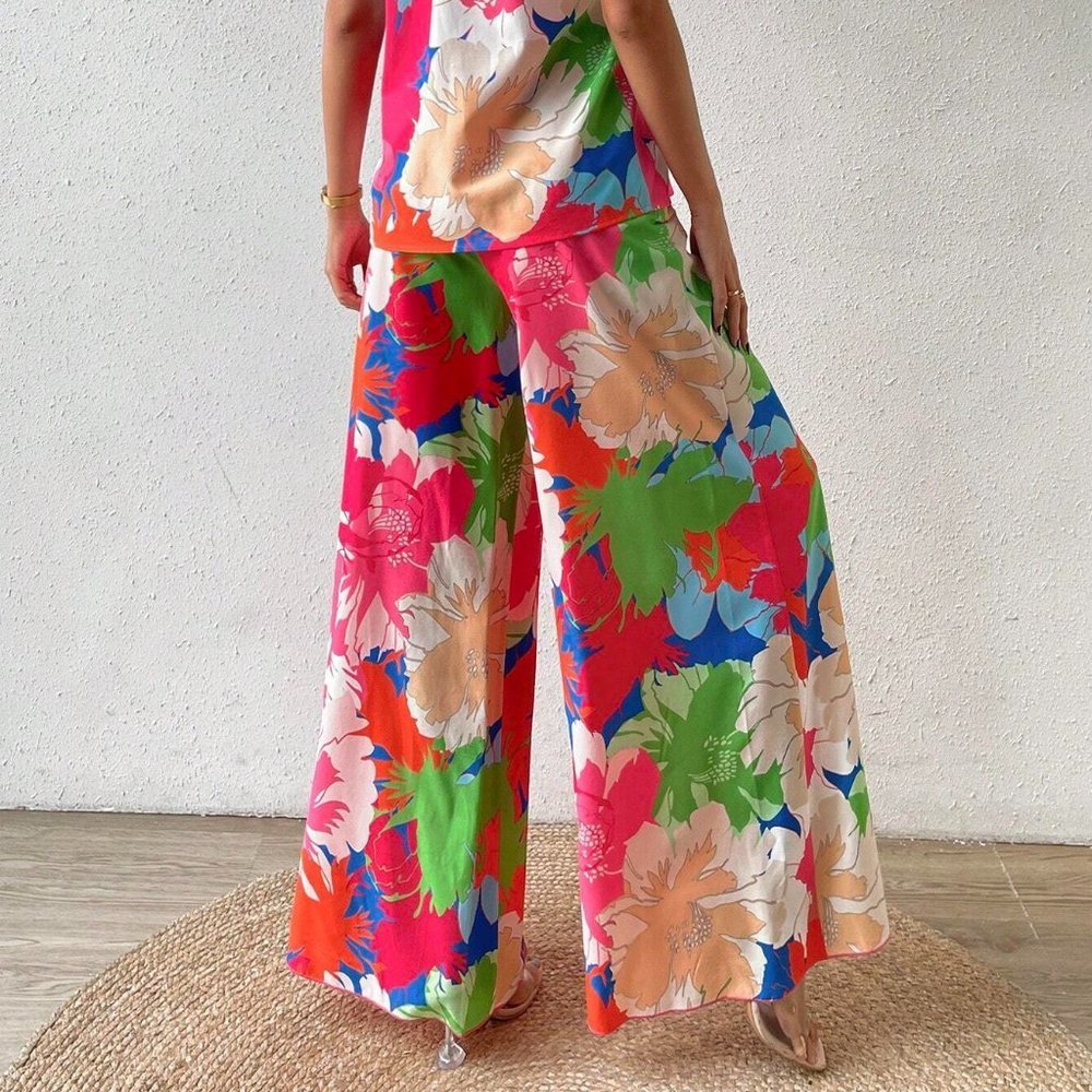 Pink Boho Womens Floral Print Halter Top & Wide Leg Pants - Picture 2 of 5